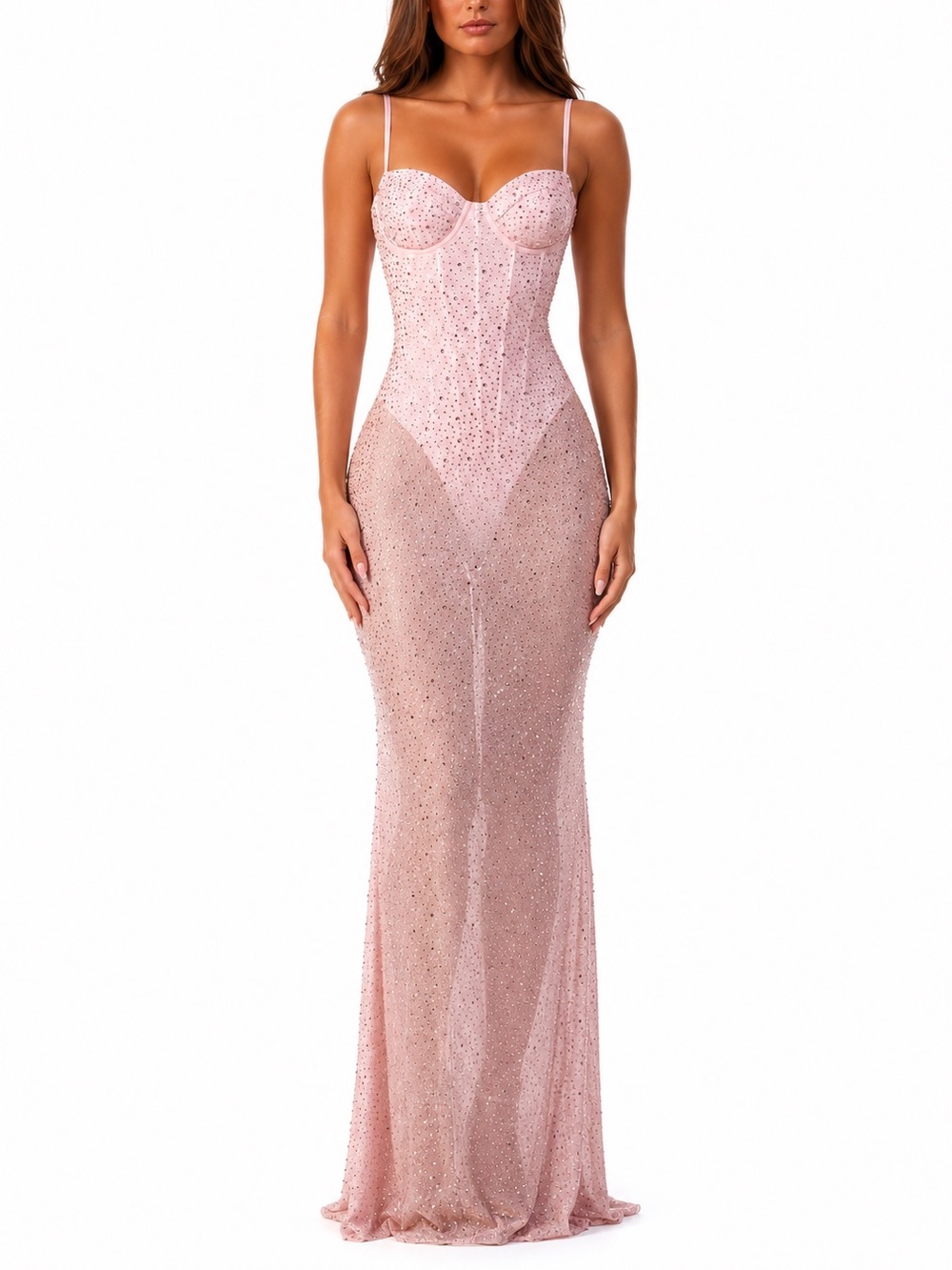 Oh Polly Alara Semi-Sheer Embellished Corset Gown in Pink - Size 6